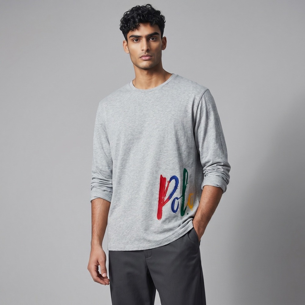 Polo Ralph Lauren Mens Gray Long Sleeve Rainbow Script Logo Graphic T-Shirt M